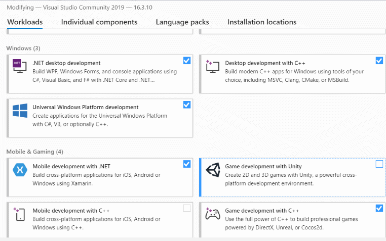 Visual Studio component selection